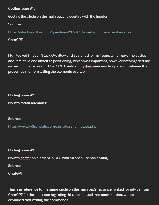 screenshot of the coding issues document \